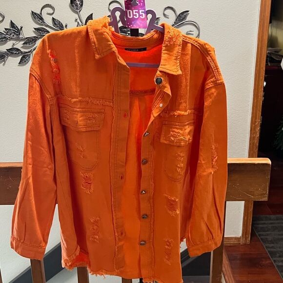 New Orange Distressed HI/Low Button-Up Shirt Great Layering Top. #055 - Picture 8 of 8
